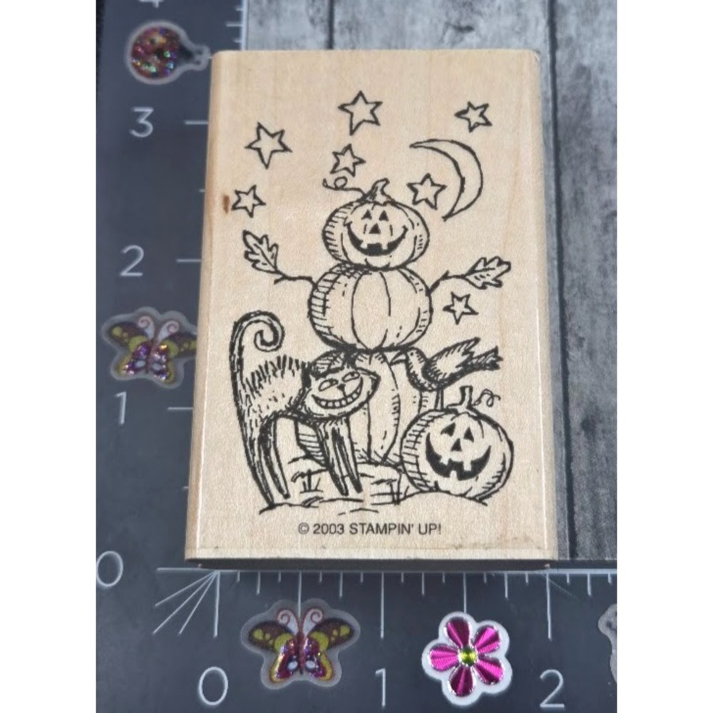 Stampin' Up! Halloween Pumpkins Cat Jack-O-Lantern 2003 Rubber Stamp Wood #H16